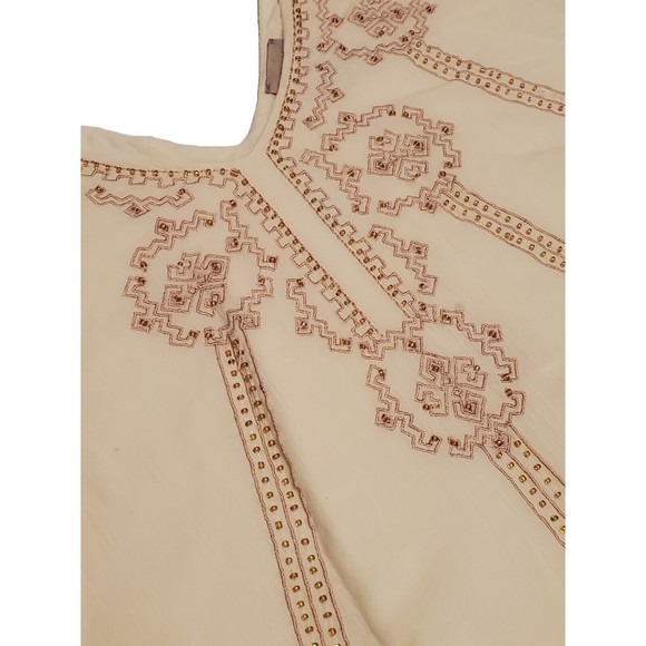 Chico's Sz 2 Beaded Embroidered Linen Lined Tunic Top Aztec Lagen Boho - Picture 3 of 12